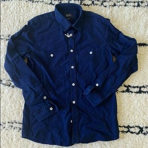 APC Men’s Blue long sleeve button down shirt with black piping trim detailing.